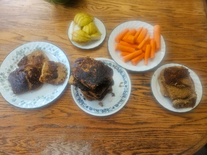 French toast, pears, carrots, cherry syrup