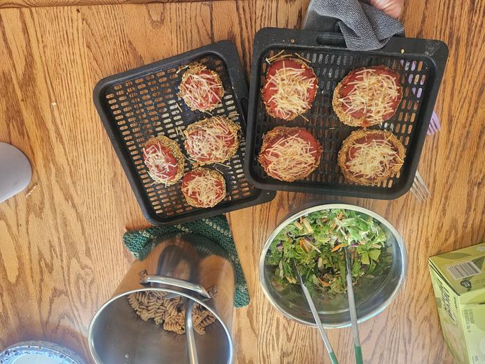 Eggplant parmesan, salad, noodles with homeade marinara 