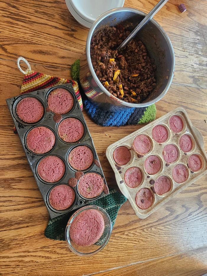 Chili and pink cornbread