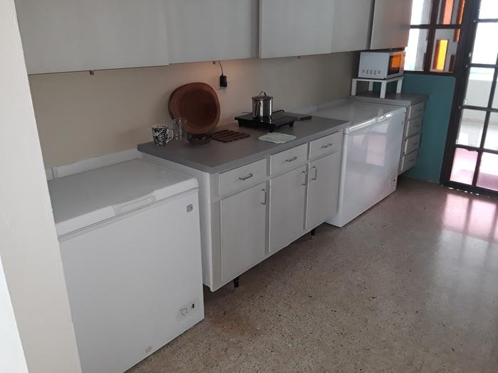 kitchen with two chest-type devices, a small freezer and a larger freezer converted to refrigerator