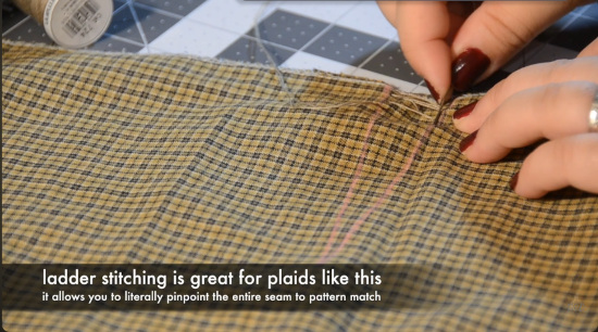 Handsewing plaid darts with a ladder stitch lines up the pattern precisely!