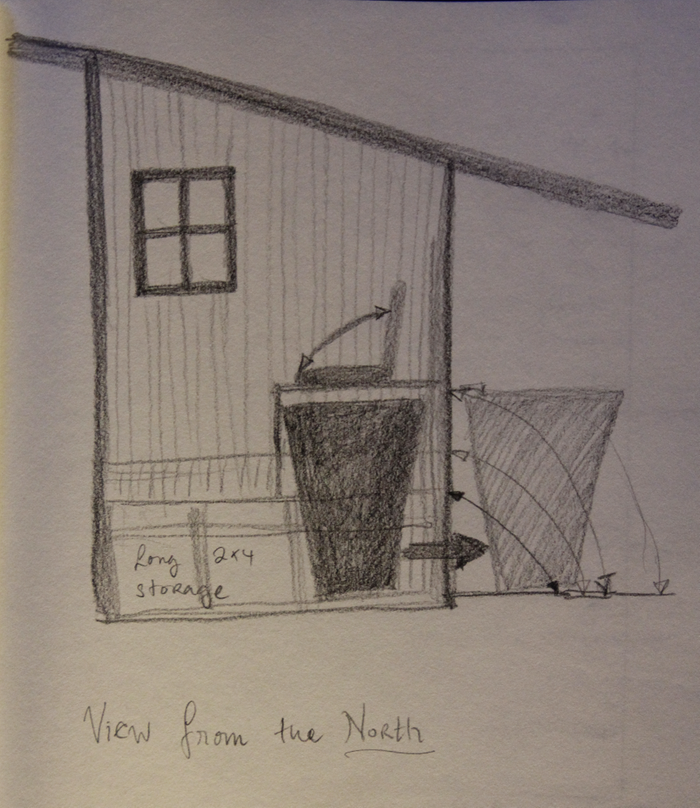 From the north, but without the pole barn drawn. Please note the lumber storage under the floor of the outhouse. 