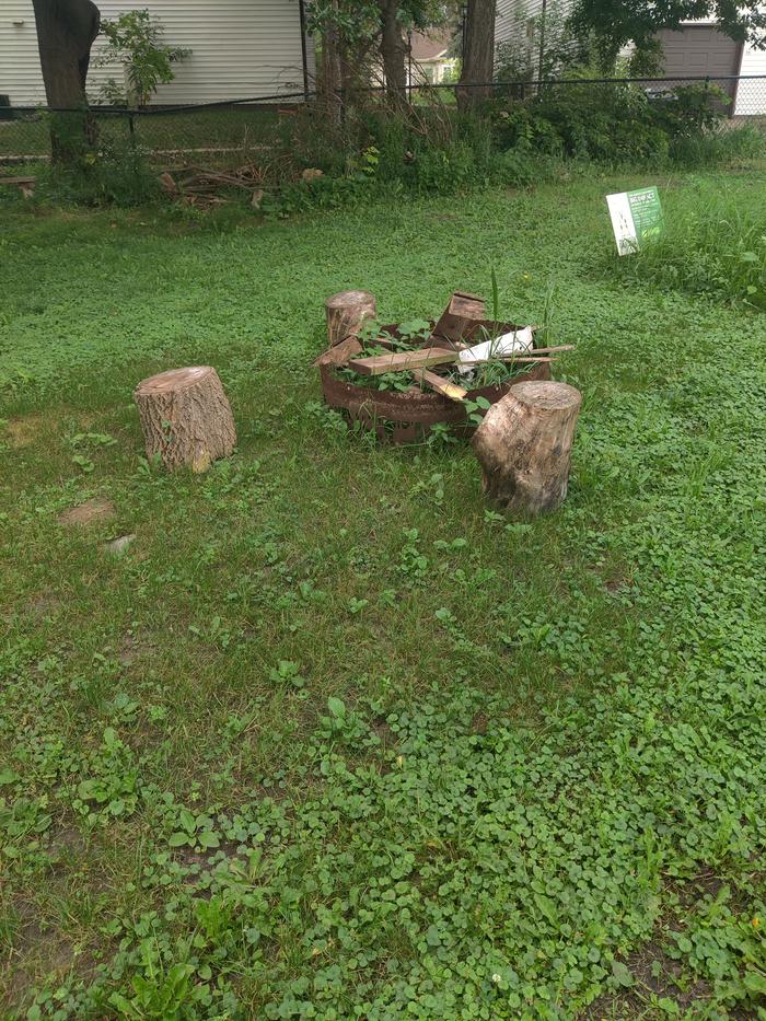 a fire pit in a community garden