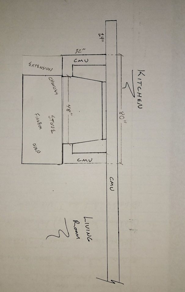 Shows dimensions of the existing fireplace and its placement in relation to the living space.