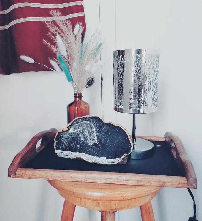 Drawing on bracket fungus (by myself), bought dried grasses, on a tray that was a gift