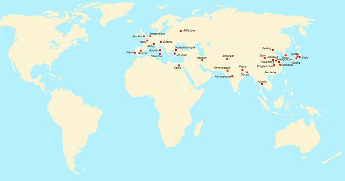 Cities with 100000 people or more in 1700.