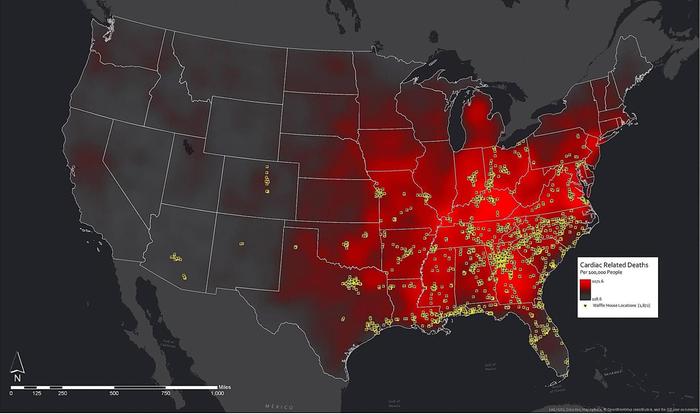 Distribution of cardiac deaths and Waffle Houses