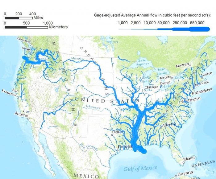 Rivers depicted by flow-rate.