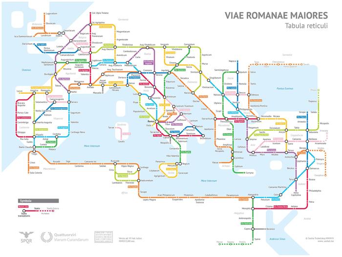 Roman Roads at 125 AD depicted in the style of a subway map