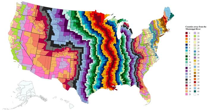 How many counties are between any US location and the Mississippi River?