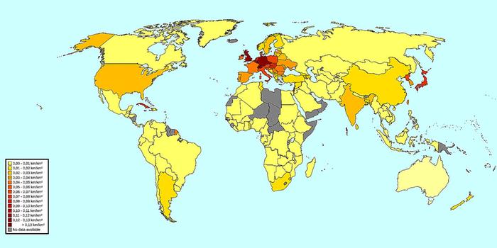 Railway density by nation