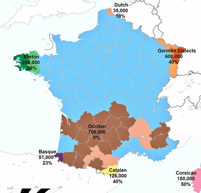 Native minority languages in France by department.