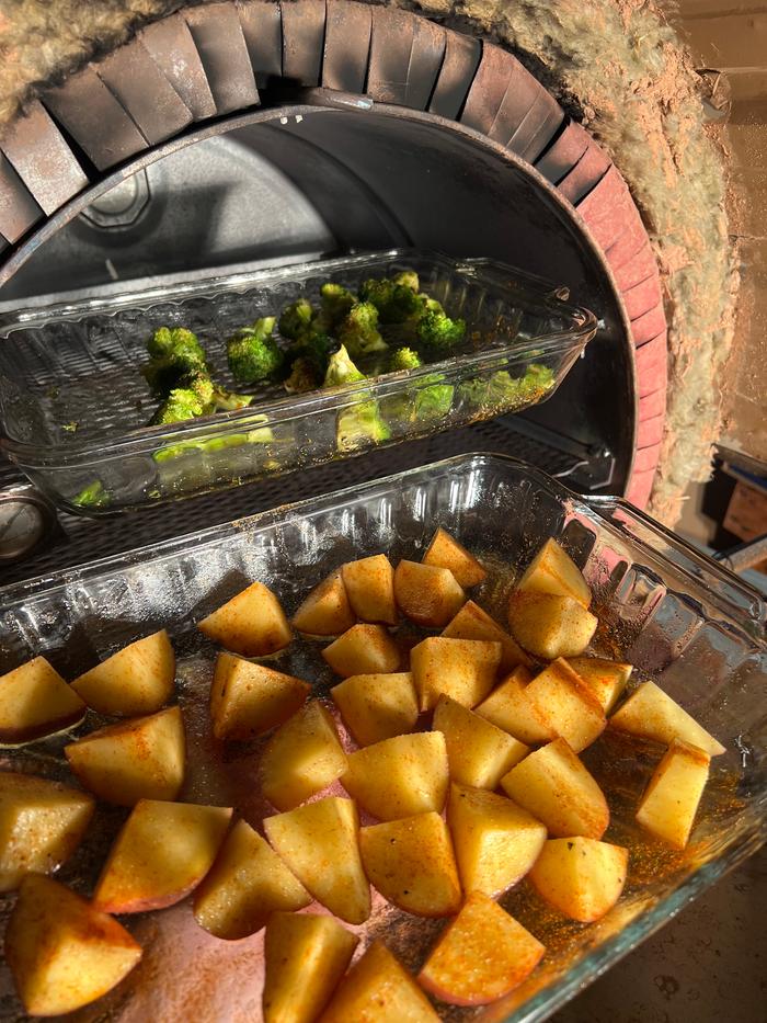 Broccoli and potatoes going in