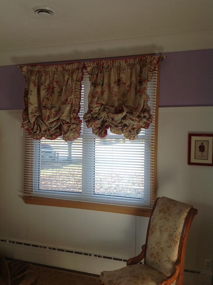 guest bedroom with new drapes from reused curtains