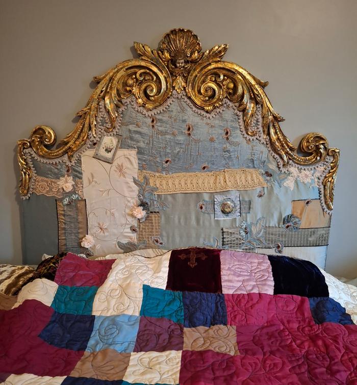 slow stitched fabric headboard