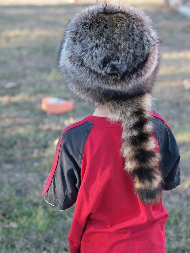 My son modeling the coon hat