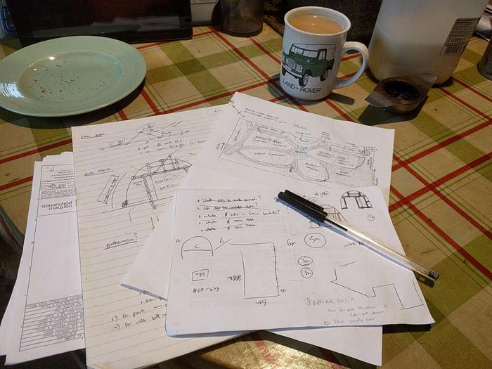 Planning out layout and framework for polytunnel (with mug of tea)