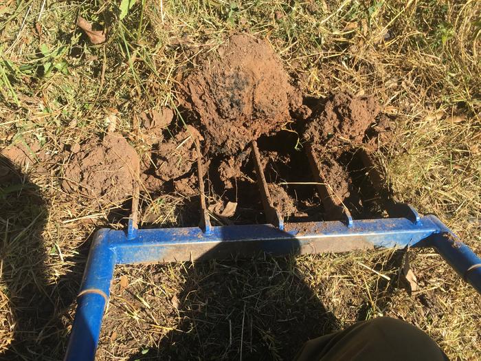 test broadforking in the old hugel, too dry to remove plants, old biochar visible