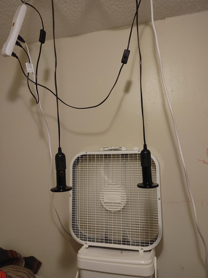 Two ceramic heaters hanging from ceiling in front of box fan