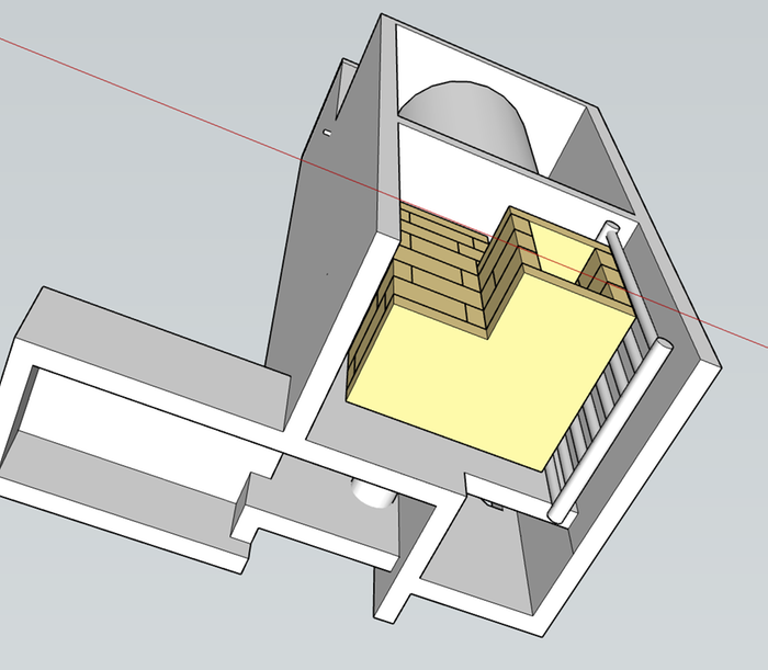 Bottom view. Floor exit rear right Bell 1 to Bell 2. Return gases in center, flows to bench left, then out stovepipe rear.