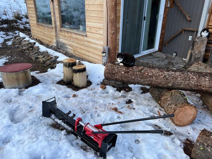Log splitter featuring Banjo The Cat 