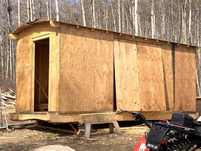 plywood on the skidable work shack