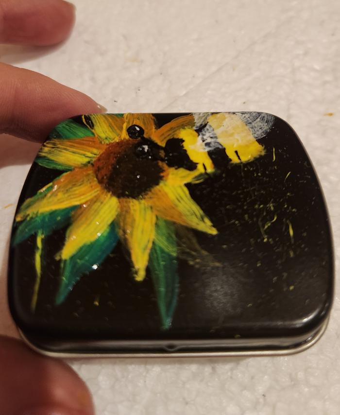 Bee Tin - about 2.4x1.7x0.6 inches (I painted the cover of the tin)