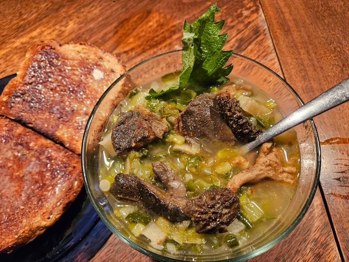 Walking onion soup with sunchokes and mushrooms