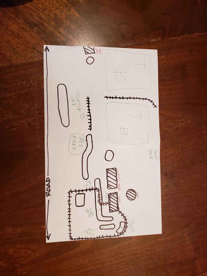 Stephen's hand drawn map of base camp. (Fences not choo choo trains)