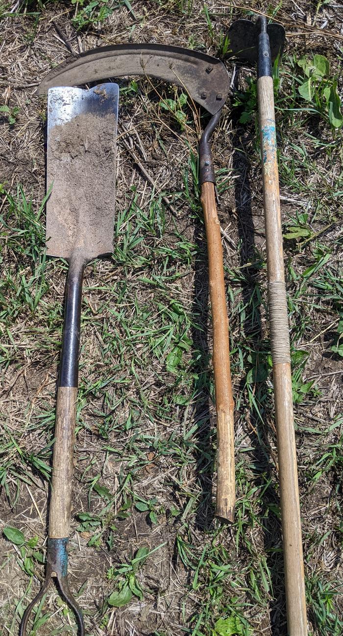 shovel, sickle, hoe