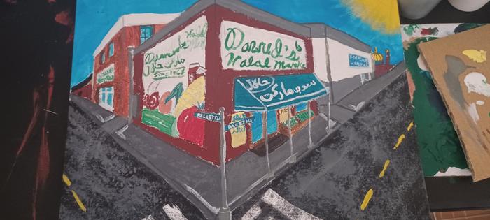 Painting of a mom and pop grocery store in the midwest