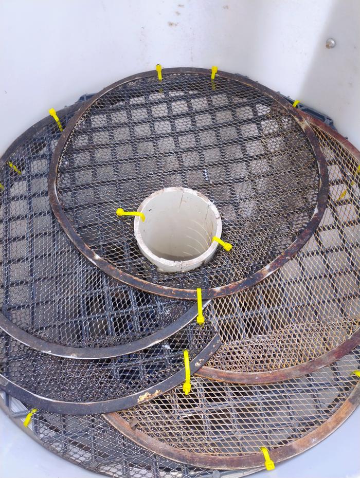 Pizza screens, zip ties, 4"PVC, slotted on a miter saw, filled with peat moss.
