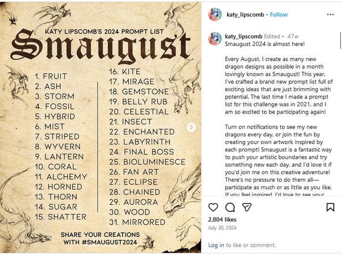 a screenshot of the 2024 Smaugust art challenge