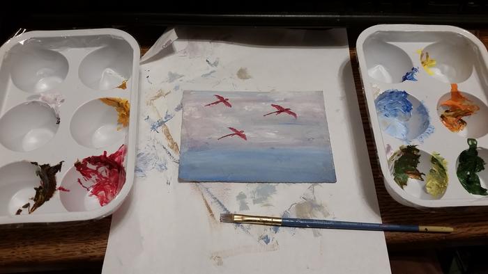 Making a stormy sky when starting with brown on the paint brush is....interesting!