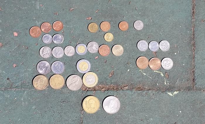 Fronts of coins (aside from the pence, the first column is American coins, then Canadian, then Australian, then Mexican)