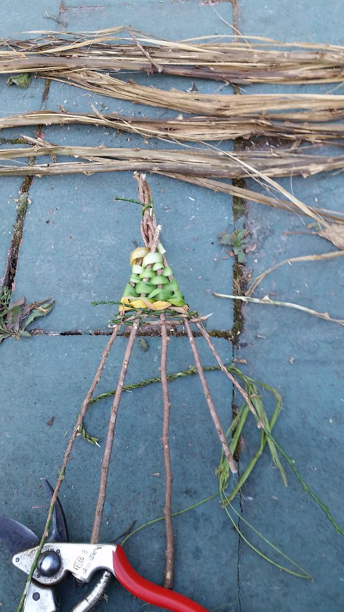 I used small cedar branches for the structure of the tree. I wish I remembered how I bent 2 of the sticks so I had 5 sticks to weave around.