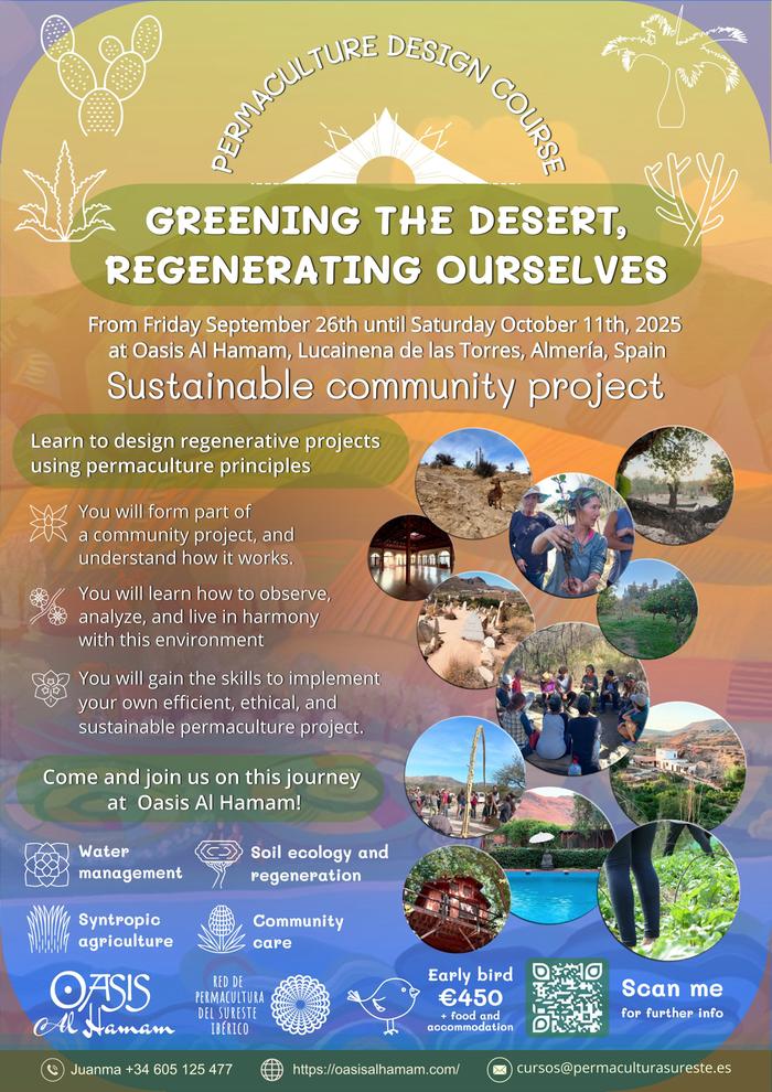 Poster for a permaculture design course that focuses on greening the desert