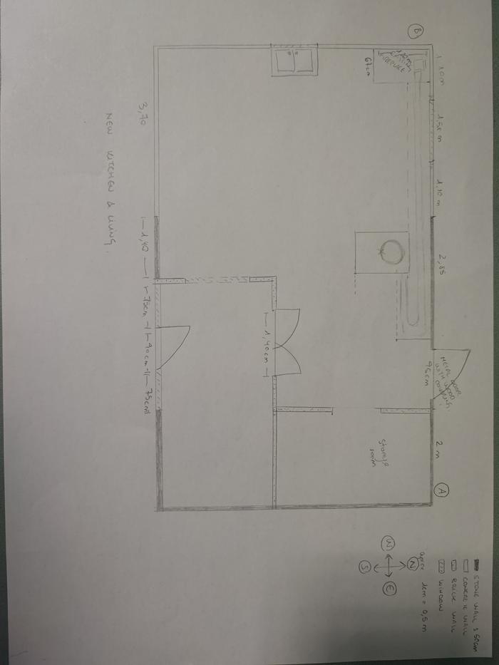 New kitchen layout with proposed location of rocket mass heater