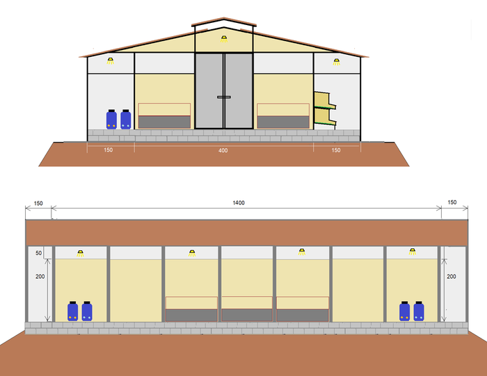 Outside area with feeding and watering barrels and compost pit