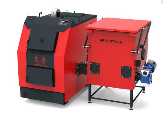 The Retra-3M Bio 32 kW solid fuel boiler is designed for burning pellets, sawdust, wood chips, and wood shavings.