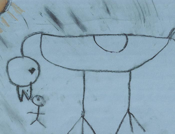 Megafauna chicken shielding her human from the rain.