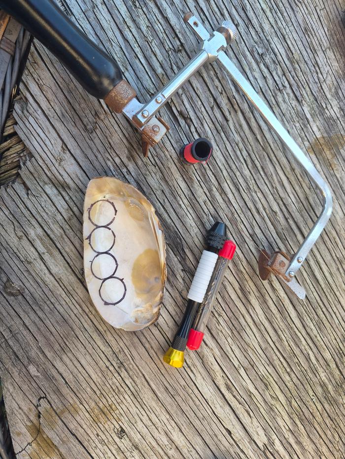 Shell and cutting tools. Small saw and tiny hand drill