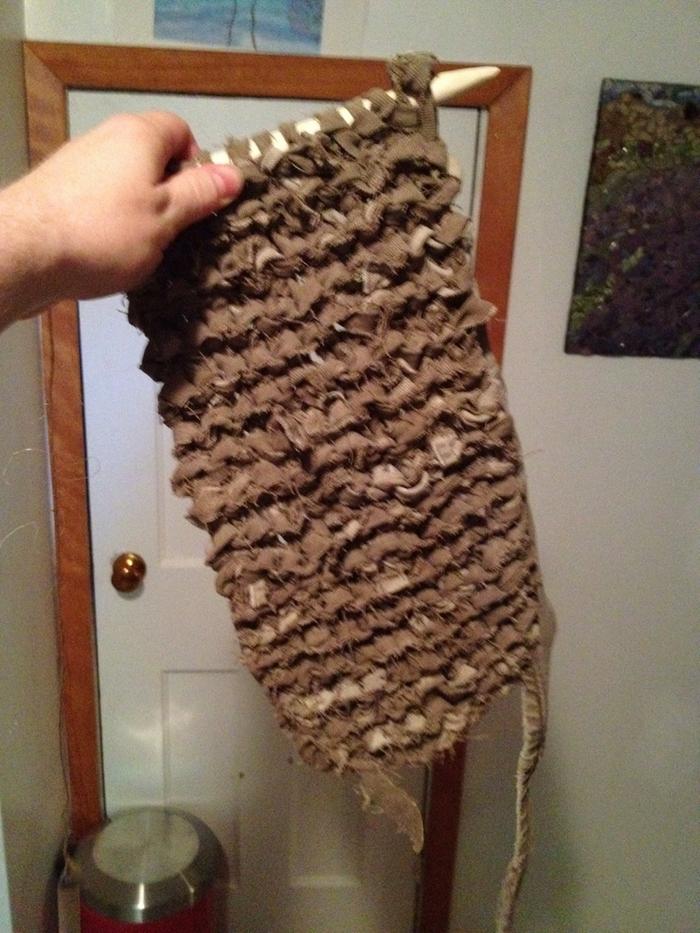 old ratty pants from the rag bag cut into long spiral-strips