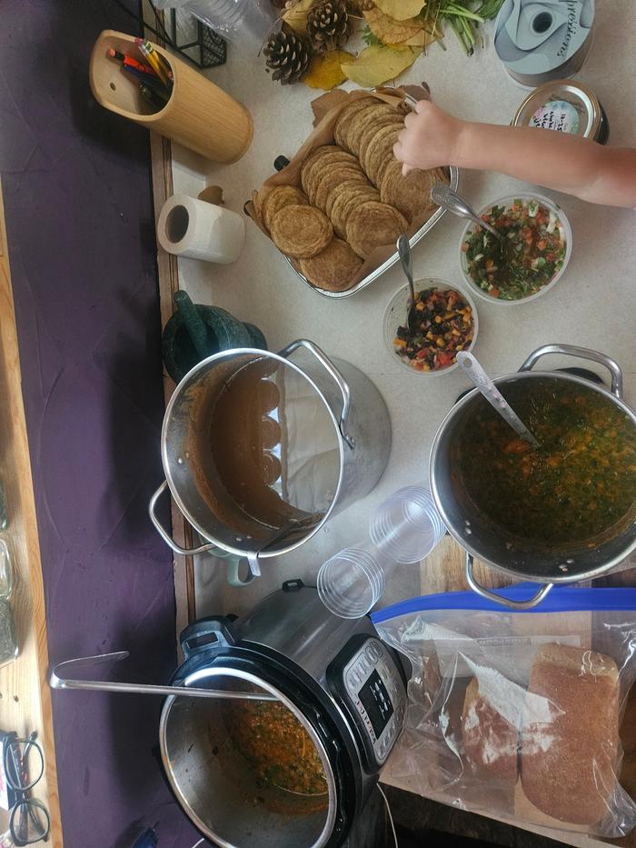 I made lasagna soup, bread and fresh-pressed apple cider, spiced to yumminess! Linda made pumpkin snickers oodles, and Tara brought salsa from her farm