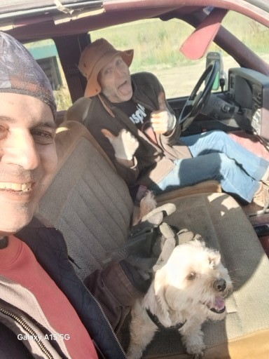 Stephen, Chapo and I ... heading to town to pick up mulch for the Abbey 