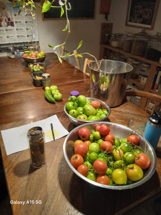 pots full of tomatoes ona kitchen table
