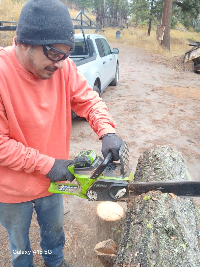 Esteban bucks a log while the ford maverick sits in the background