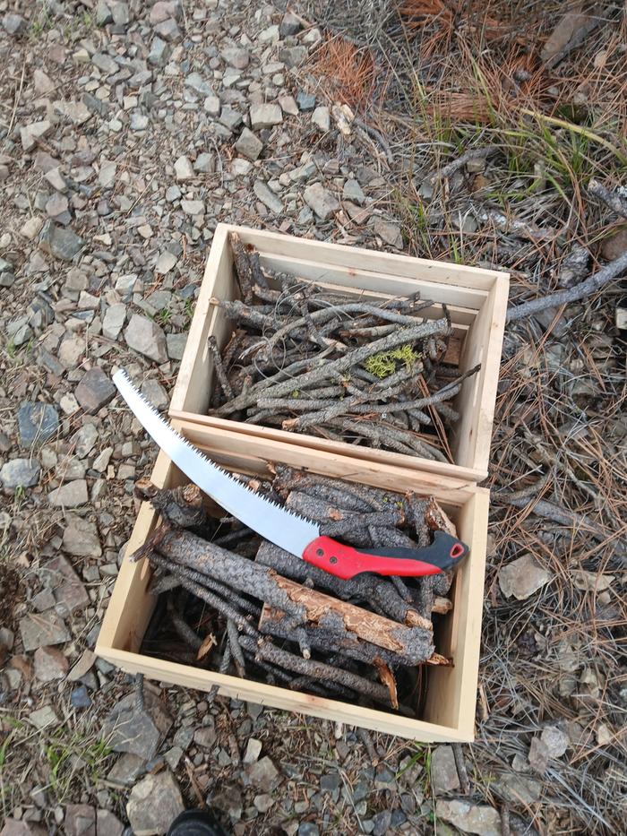 Two wooden crates filled with dry pine branches and a hand saw