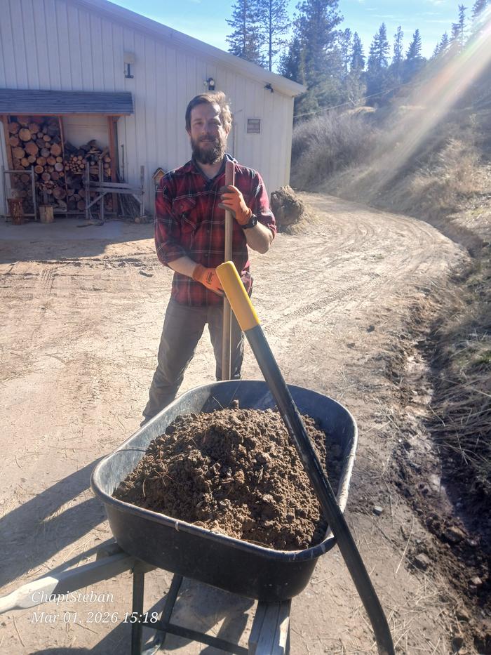 Harry the boot stands behind a wheel barrow with dirt in front of a building and a firewood rack