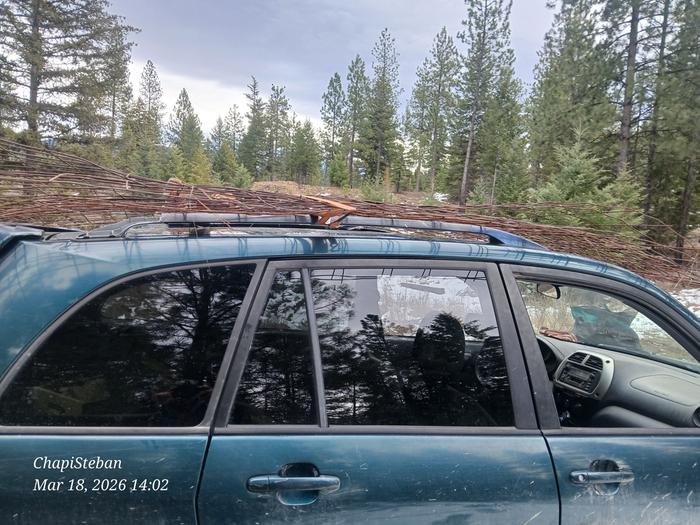 a car with thin sticks tied to the top